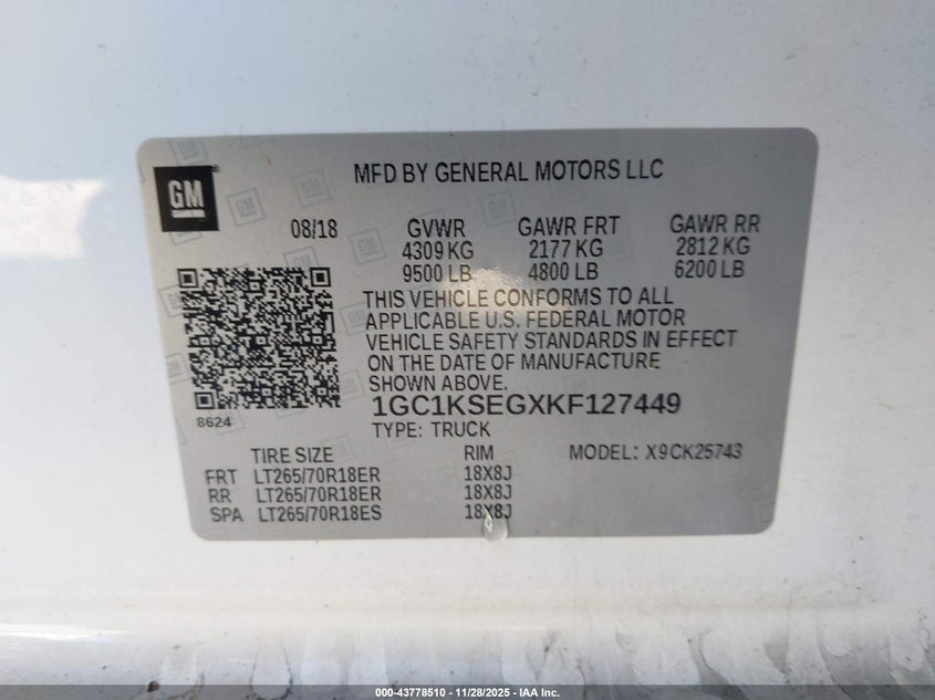 2019 Chevrolet Silverado 2500Hd Lt VIN: 1GC1KSEGXKF127449 Lot: 43778510