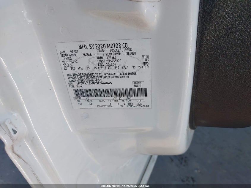 2007 Ford F-150 Lariat/Stx/Xl/Xlt VIN: 1FTPX12V87KD44845 Lot: 43778519