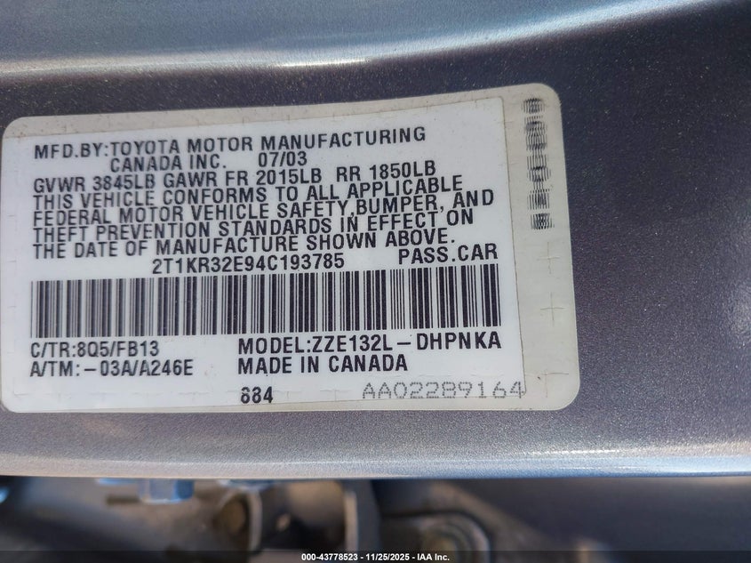 2004 Toyota Matrix Xr VIN: 2T1KR32E94C193785 Lot: 43778523