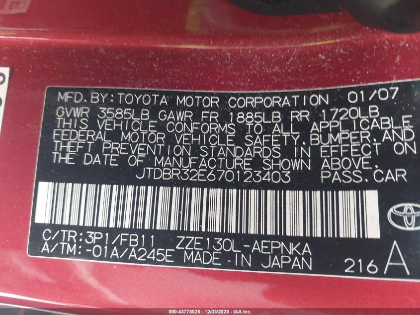 2007 Toyota Corolla Le VIN: JTDBR32E670123403 Lot: 43778528