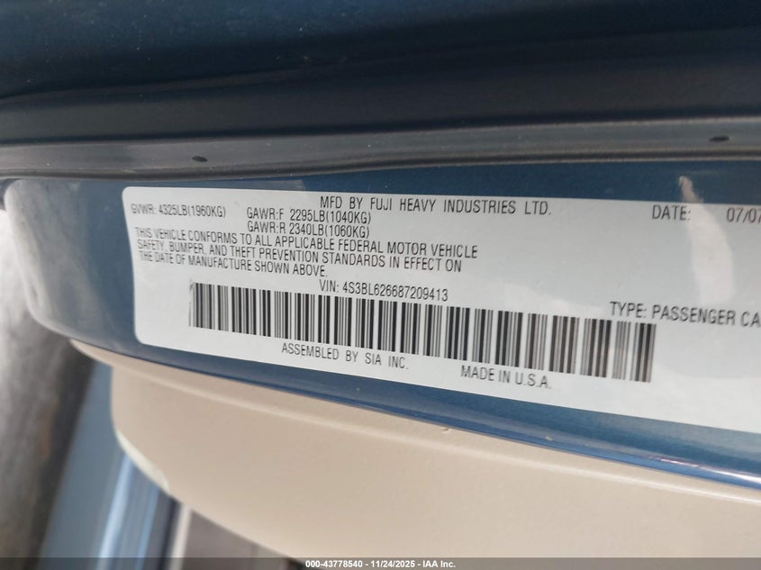 2008 Subaru Legacy 2.5I Limited VIN: 4S3BL626687209413 Lot: 43778540