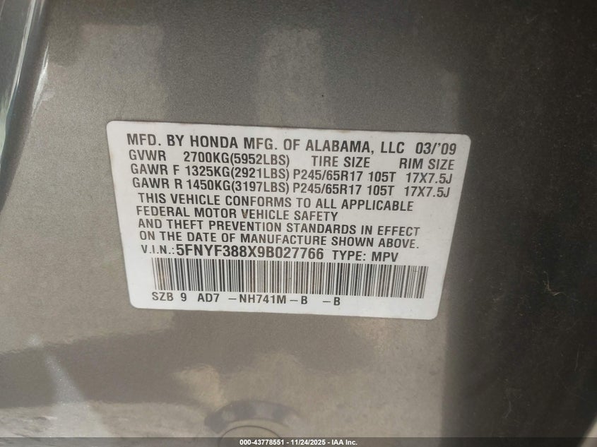 2009 Honda Pilot Touring VIN: 5FNYF388X9B027766 Lot: 43778551