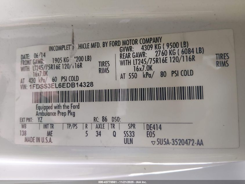 2014 Ford E-350 Super Duty Commercial VIN: 1FDSS3EL6EDB14328 Lot: 43778561