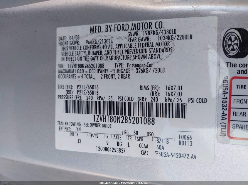 2008 Ford Mustang V6 Deluxe/V6 Premium VIN: 1ZVHT80N285201088 Lot: 43778568