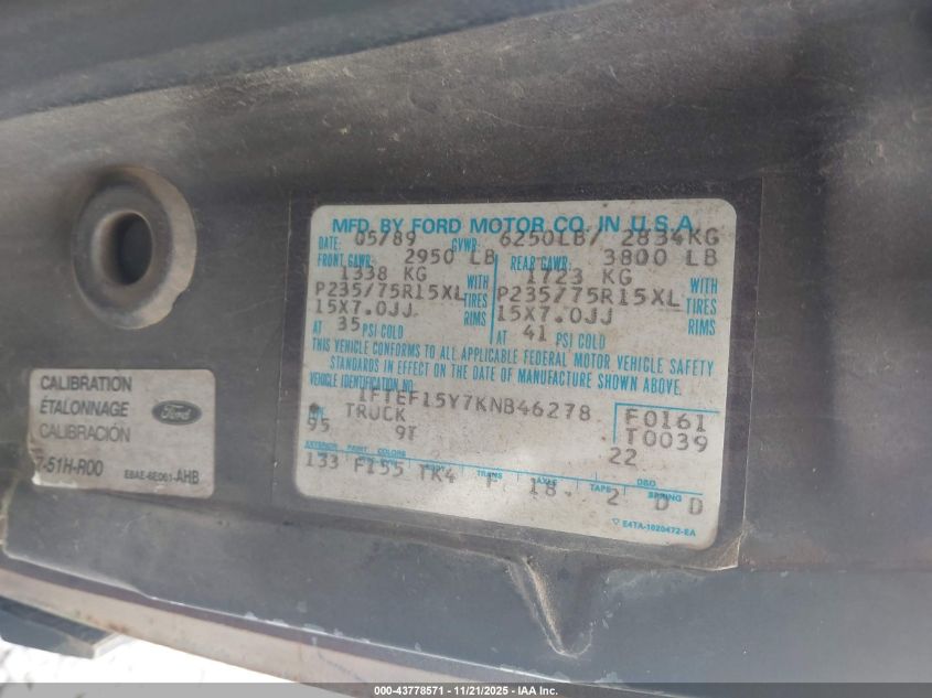 1989 Ford F150 VIN: 1FTEF15Y7KNB46278 Lot: 43778571