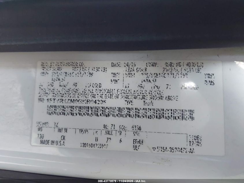 2016 Ford Transit-250 VIN: 1FTYR1ZM0GKB04295 Lot: 43778576