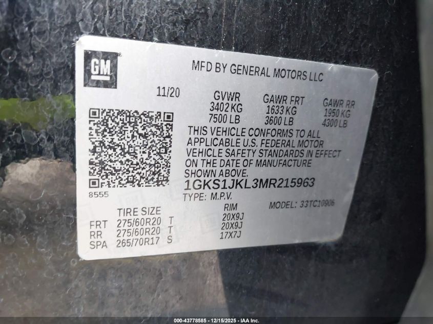 2021 GMC Yukon Xl 2Wd Denali VIN: 1GKS1JKL3MR215963 Lot: 43778585
