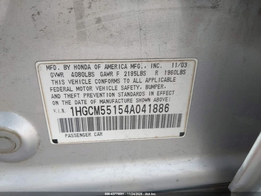 2004 Honda Accord 2.4 Dx VIN: 1HGCM55154A041886 Lot: 43778591