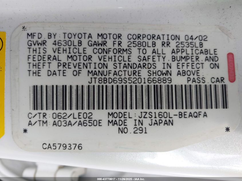 2002 Lexus Gs 300 VIN: JT8BD69S520166889 Lot: 43778617