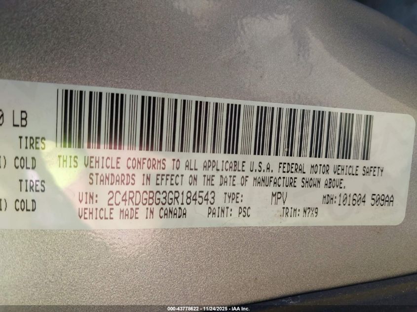 2016 Dodge Grand Caravan Se Plus VIN: 2C4RDGBG3GR184543 Lot: 43778622