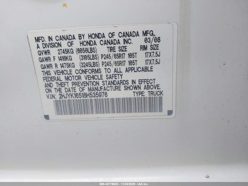2008 Honda Ridgeline Rtl VIN: 2HJYK16518H535976 Lot: 43778630