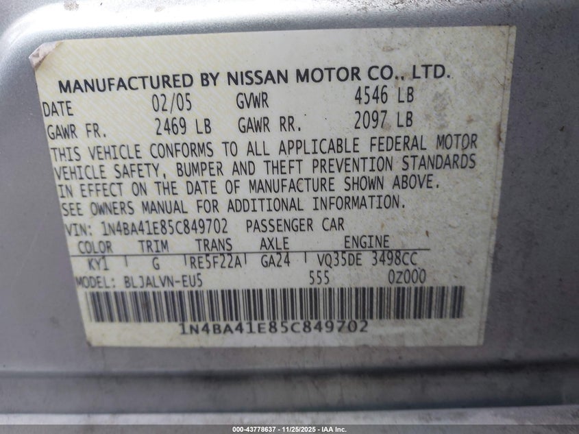 2005 Nissan Maxima 3.5 Se VIN: 1N4BA41E85C849702 Lot: 43778637