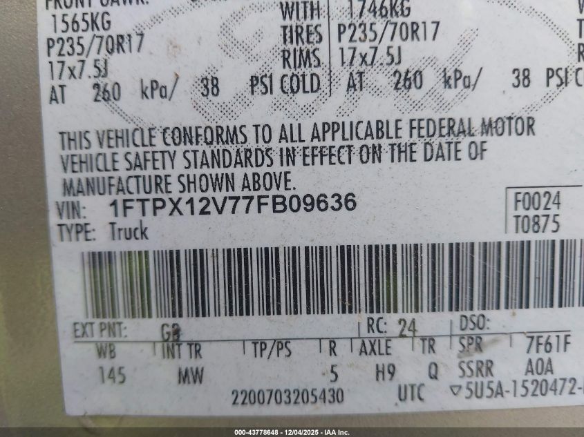2007 Ford F-150 Lariat/Stx/Xl/Xlt VIN: 1FTPX12V77FB09636 Lot: 43778648