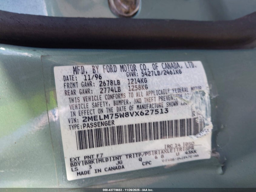1997 Mercury Grand Marquis Ls VIN: 2MELM75W8VX627513 Lot: 43778653