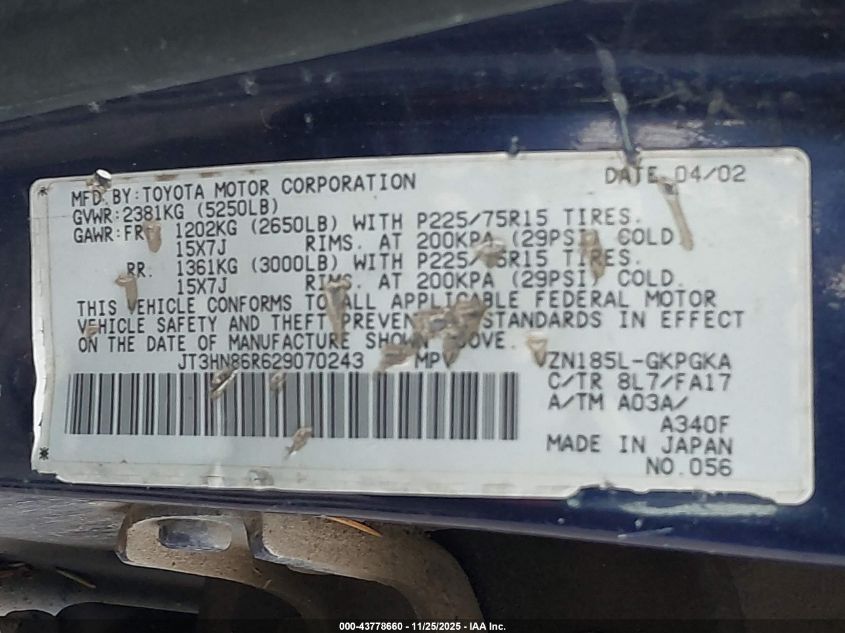 2002 Toyota 4Runner Sr5 V6 VIN: JT3HN86R629070243 Lot: 43778660