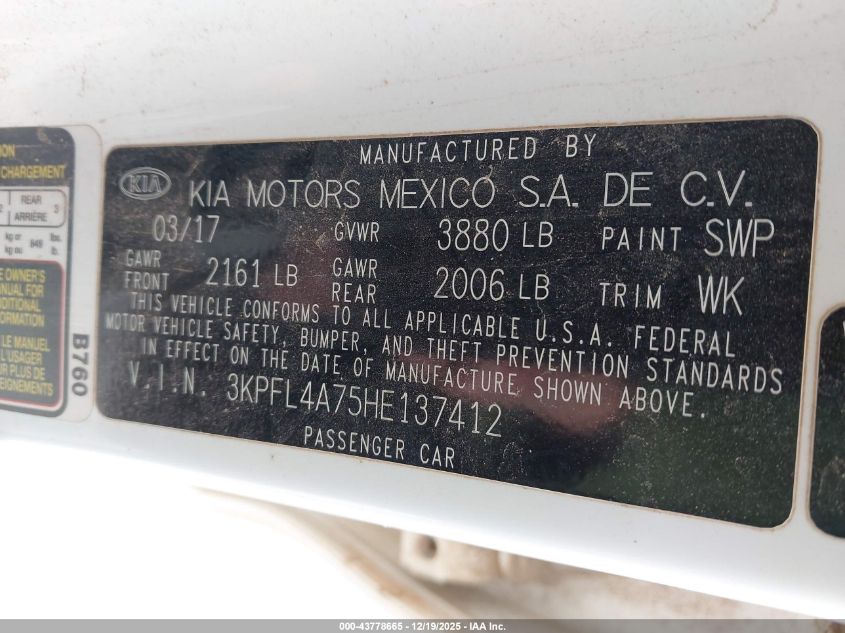 2017 Kia Forte Lx VIN: 3KPFL4A75HE137412 Lot: 43778665