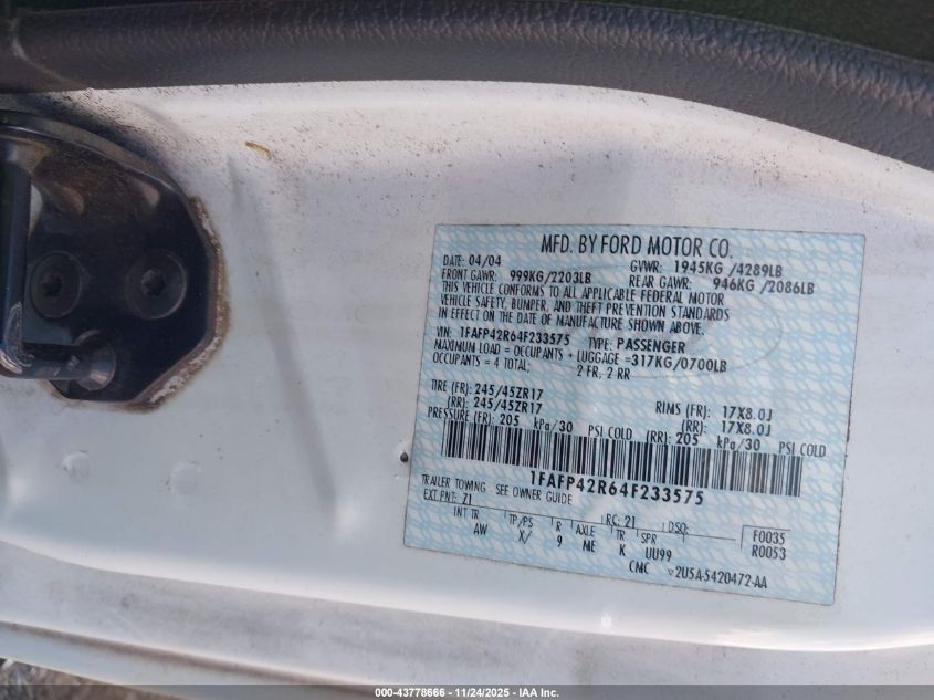 2004 Ford Mustang Mach 1 VIN: 1FAFP42R64F233575 Lot: 43778666