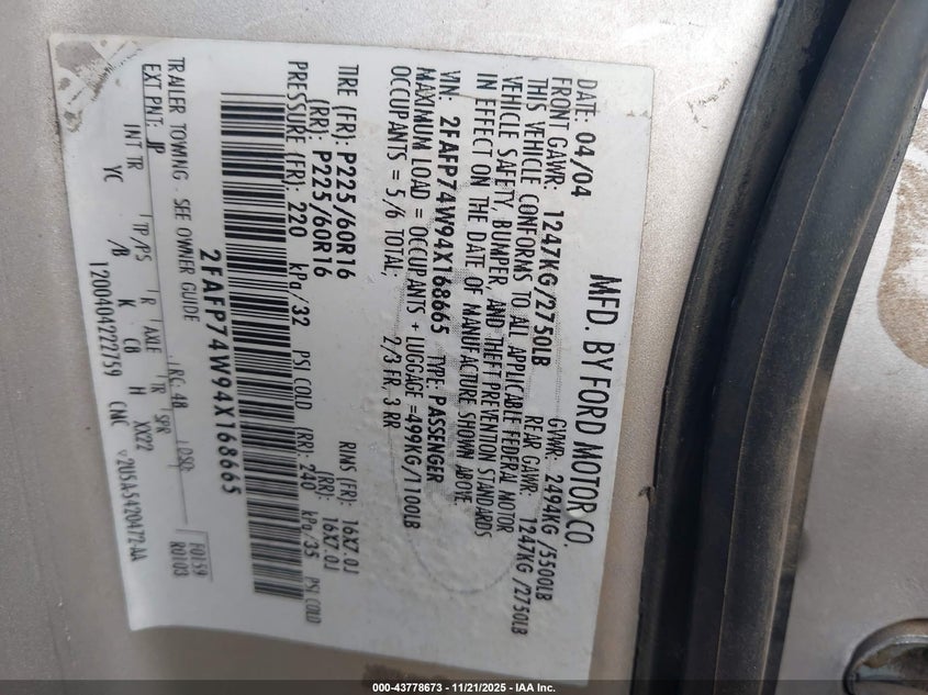 2004 Ford Crown Victoria Lx VIN: 2FAFP74W94X168665 Lot: 43778673