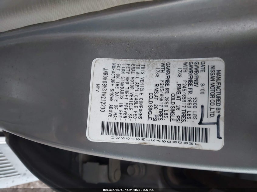 2001 Infiniti Qx4 Luxury VIN: JNRDR09Y31W212230 Lot: 43778674