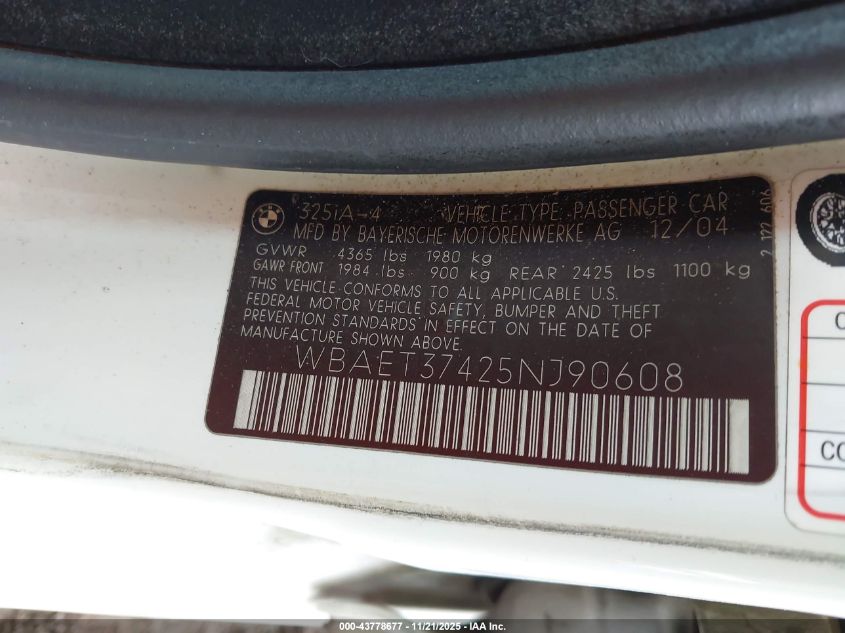 2005 BMW 325I VIN: WBAET37425NJ90608 Lot: 43778677