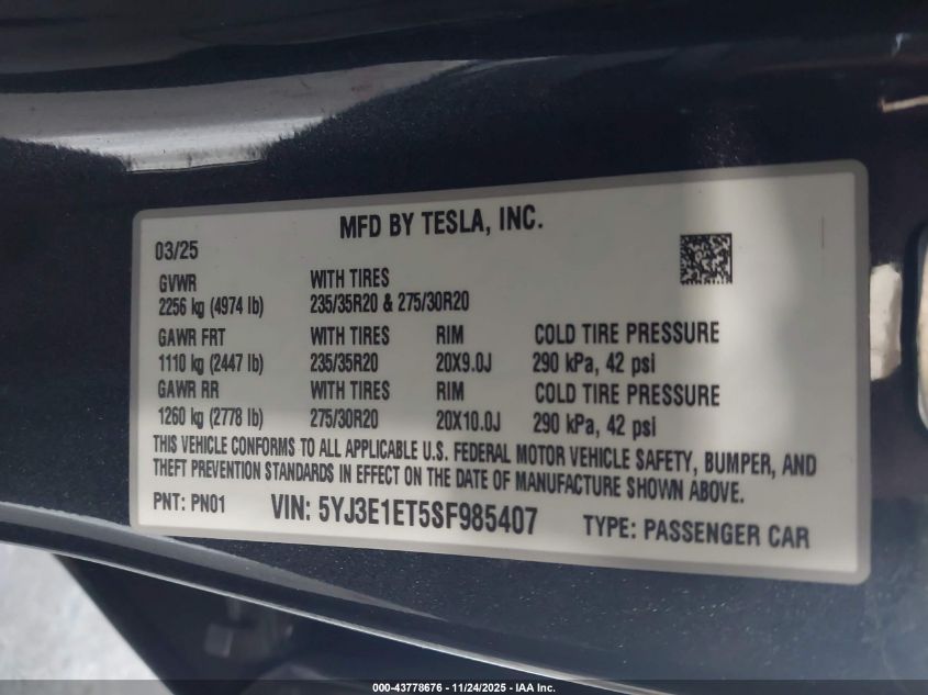 2025 Tesla Model 3 Performance VIN: 5YJ3E1ET5SF985407 Lot: 43778676