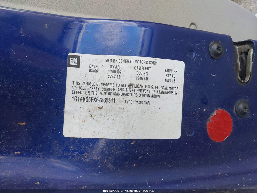 2006 Chevrolet Cobalt Ls VIN: 1G1AK55FX67835511 Lot: 43778678