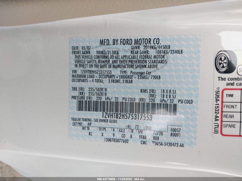 2007 Ford Mustang Gt Deluxe/Gt Premium VIN: 1ZVHT82H575317553 Lot: 43778686