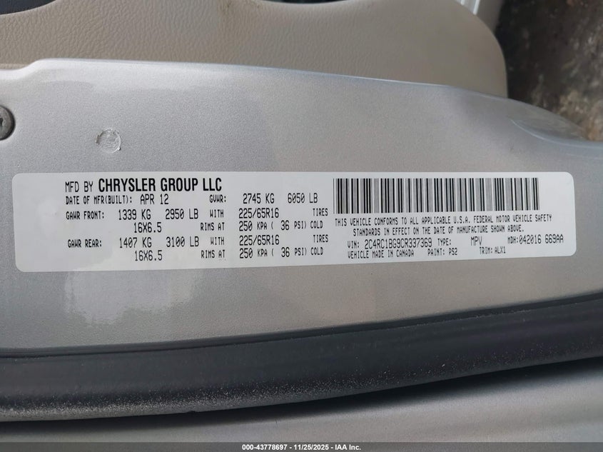 2012 Chrysler Town & Country Touring VIN: 2C4RC1BG9CR337369 Lot: 43778697