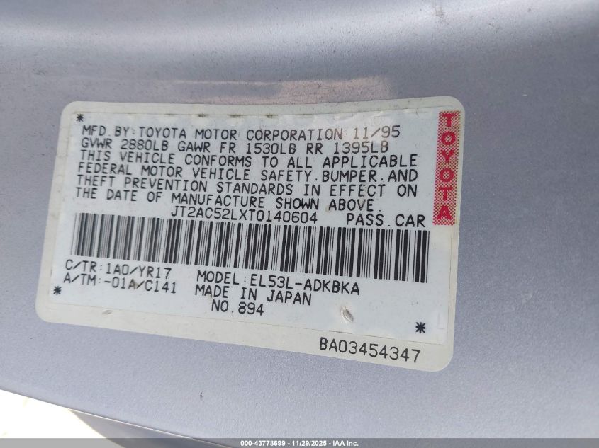 1996 Toyota Tercel Std/Dx VIN: JT2AC52LXT0140604 Lot: 43778699