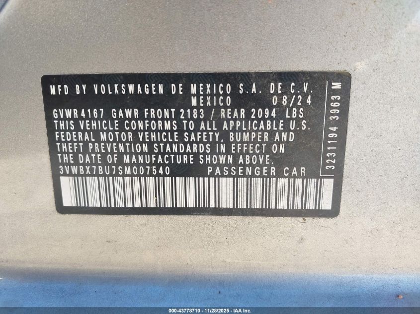 2025 Volkswagen Jetta 1.5T Sport VIN: 3VWBX7BU7SM007540 Lot: 43778710