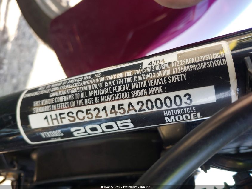 2005 Honda Vt1300 S VIN: 1HFSC52145A200003 Lot: 43778712