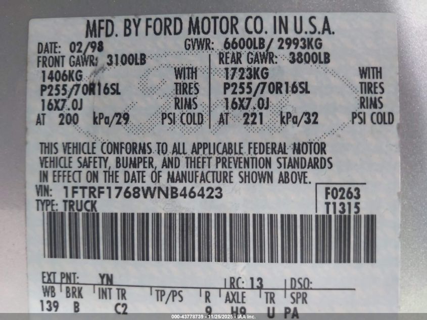 1998 Ford F-150 Lariat/Standard/Xl/Xlt VIN: 1FTRF1768WNB46423 Lot: 43778739