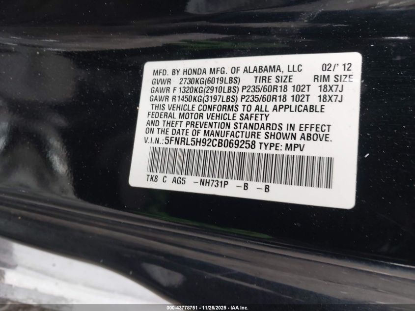 2012 Honda Odyssey Touring/Touring Elite VIN: 5FNRL5H92CB069258 Lot: 43778751