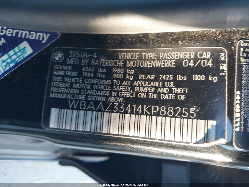 2004 BMW 325I VIN: WBAAZ33414KP88255 Lot: 43778754