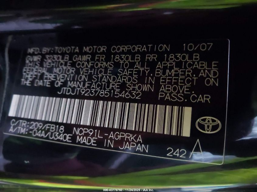 2008 Toyota Yaris VIN: JTDJT923785154632 Lot: 43778760