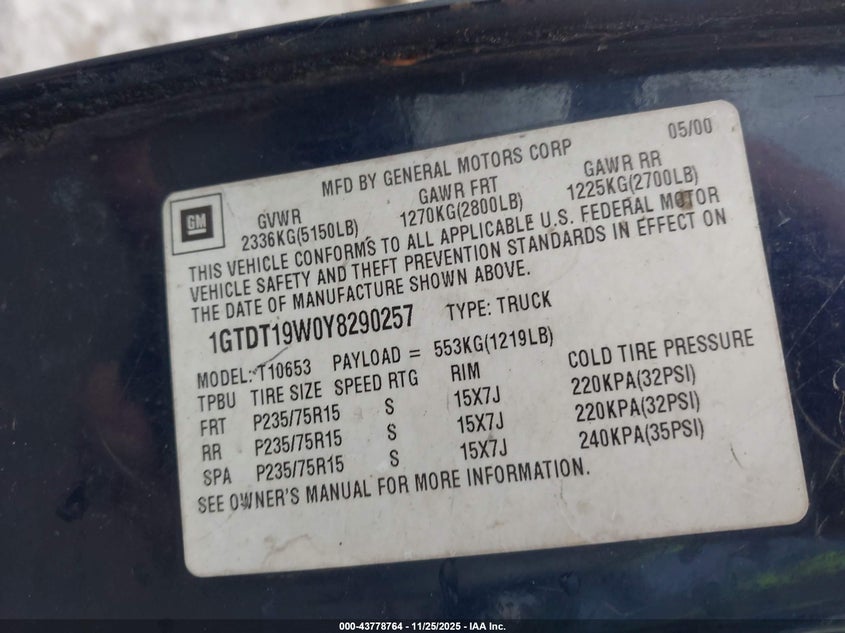 2000 GMC Sonoma Sls VIN: 1GTDT19W0Y8290257 Lot: 43778764