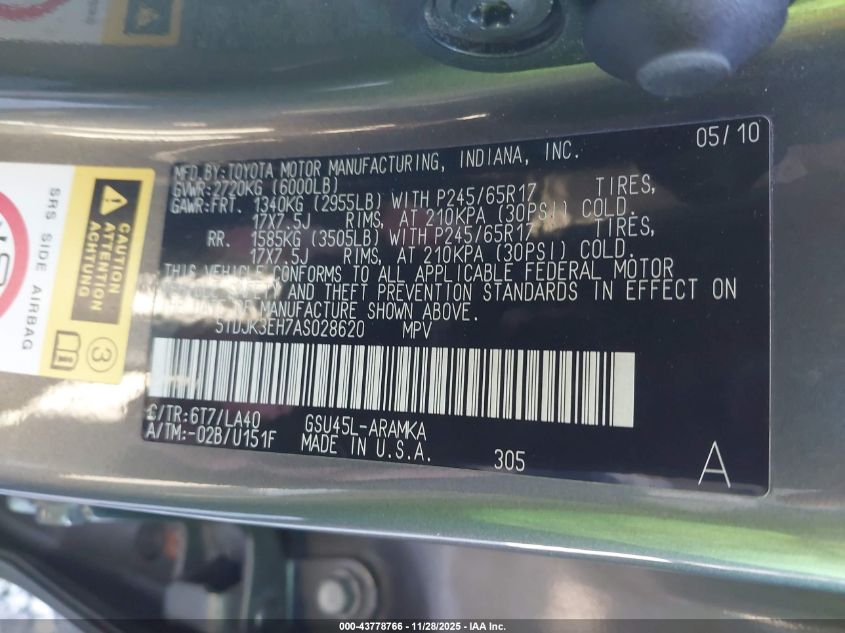 2010 Toyota Highlander Se V6 VIN: 5TDJK3EH7AS028620 Lot: 43778766