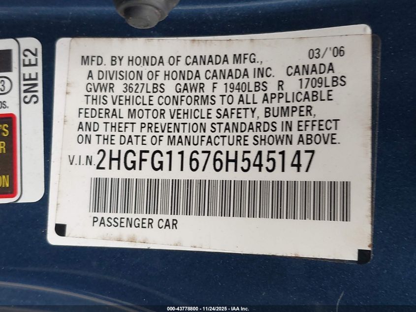 2006 Honda Civic Lx VIN: 2HGFG11676H545147 Lot: 43778800