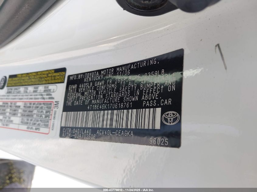 2007 Toyota Camry Xle VIN: 4T1BE46K17U618761 Lot: 43778810