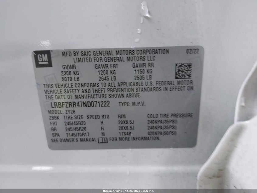 2022 Buick Envision Fwd Avenir VIN: LRBFZRR47ND071222 Lot: 43778813