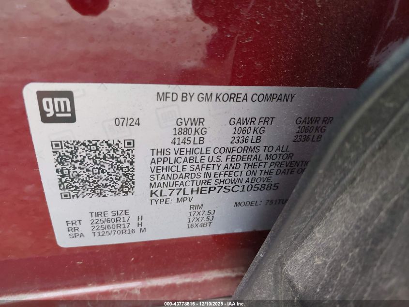 2025 Chevrolet Trax Fwd Lt VIN: KL77LHEP7SC105885 Lot: 43778816