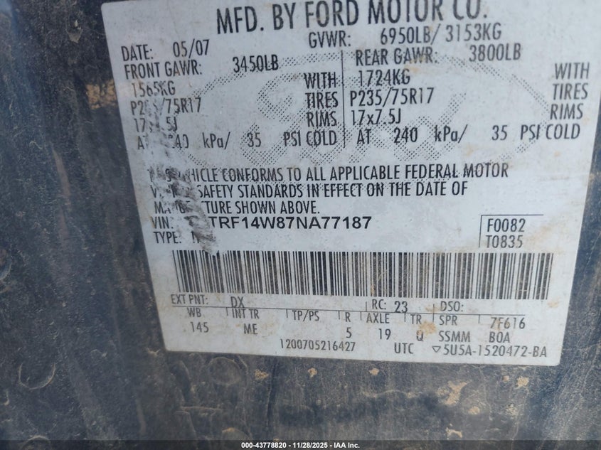 2007 Ford F-150 Stx/Xl/Xlt VIN: 1FTRF14W87NA77187 Lot: 43778820
