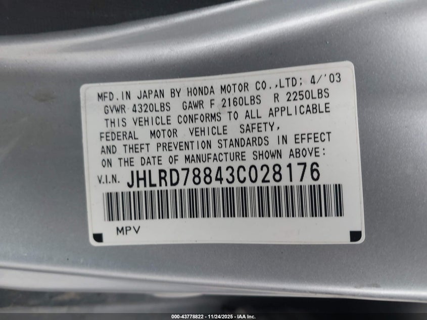 2003 Honda Cr-V Ex VIN: JHLRD78843C028176 Lot: 43778822