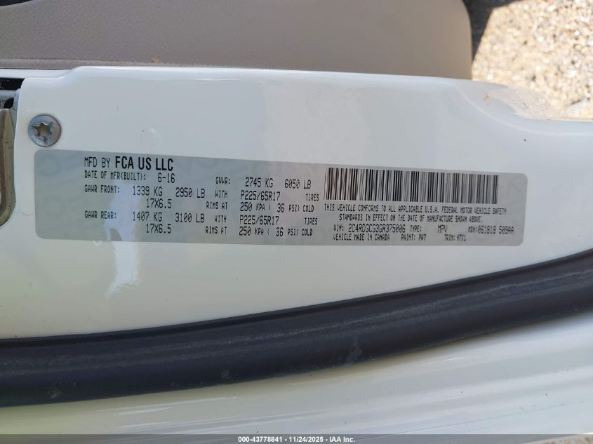 2016 Dodge Grand Caravan Sxt VIN: 2C4RDGCG3GR375006 Lot: 43778841