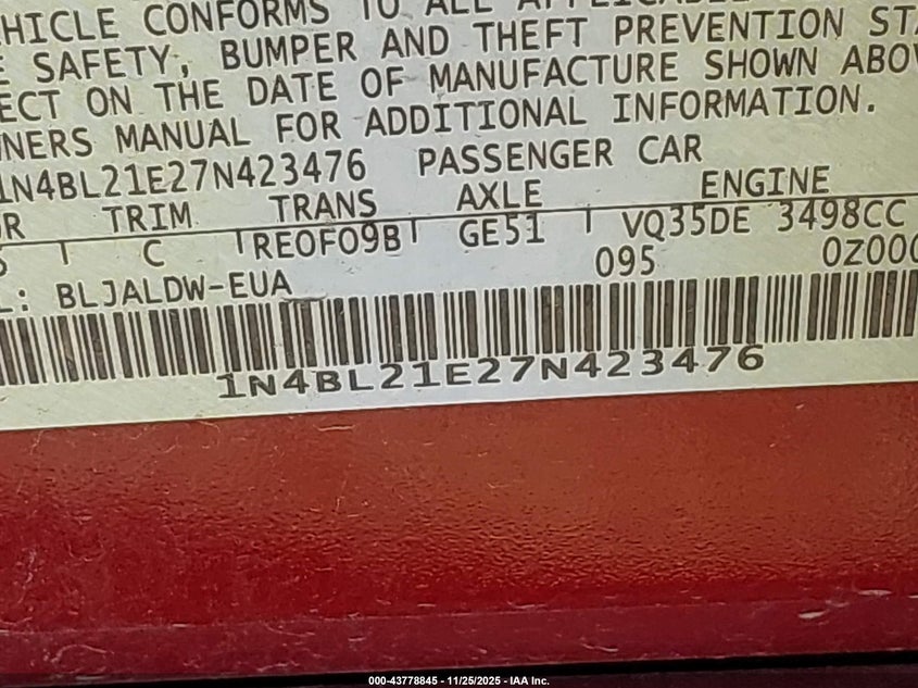 2007 Nissan Altima 3.5 Se VIN: 1N4BL21E27N423476 Lot: 43778845