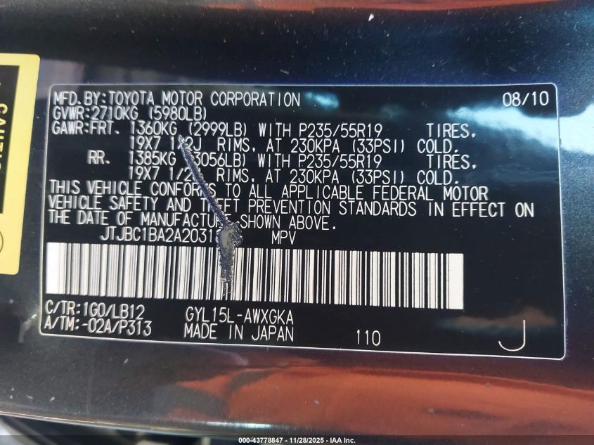 2010 Lexus Rx 450H VIN: JTJBC1BA2A2031801 Lot: 43778847