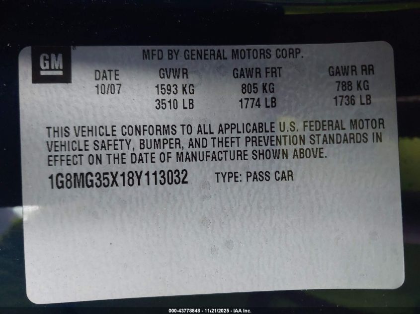 2008 Saturn Sky Red Line VIN: 1G8MG35X18Y113032 Lot: 43778848