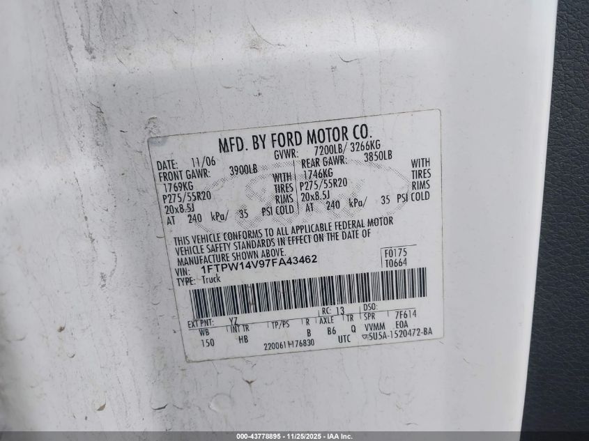 2007 Ford F-150 Fx4/Lariat/Xlt VIN: 1FTPW14V97FA43462 Lot: 43778895