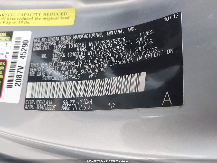 2014 Toyota Sienna Limited V6 7 Passenger VIN: 5TDYK3DC1ES426495 Lot: 43778904