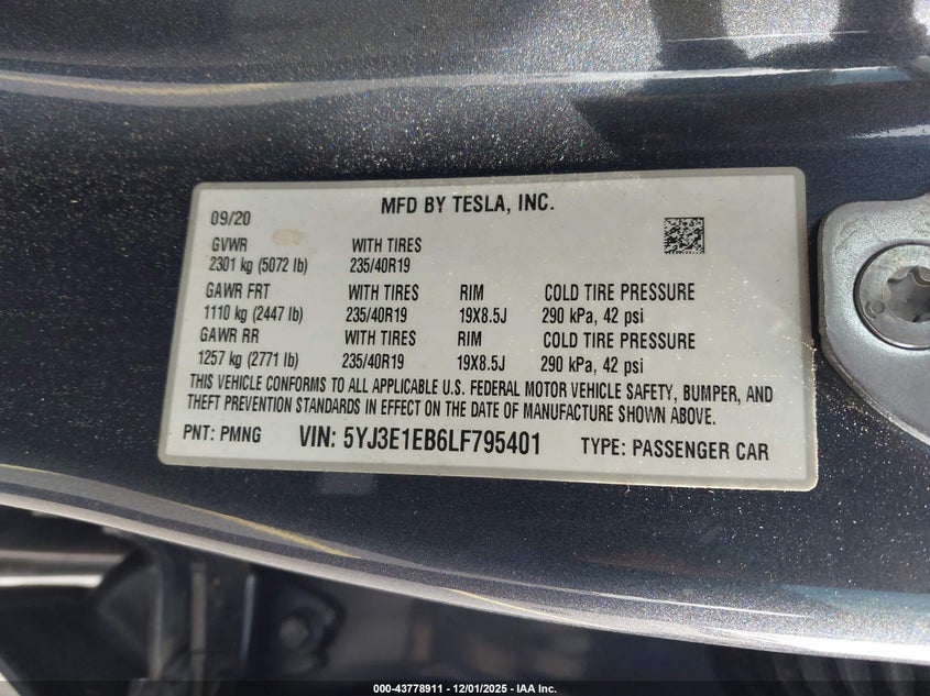 5YJ3E1EB6LF795401 2020 TESLA MODEL 3 photo no. 9